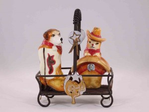 Cowboy Stuff in Metal Trays with Handles salt and pepper shakers - cat and dog in cowboy boot and hat