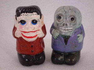Halloween characters salt and pepper shakers possibly made by Jean Grief - Skeleton & Frankenstein